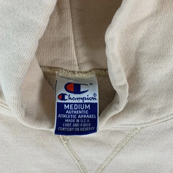 Vintage 90s Champion Hoodie Sweatshirt Pullover Beige M USA Spell Out Rare Color - Picture 7 of 10